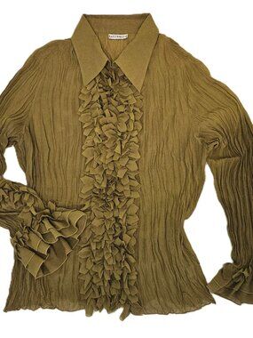 Romantic Ruffle Blouse 2X Olive Crinkle Sheer Boho